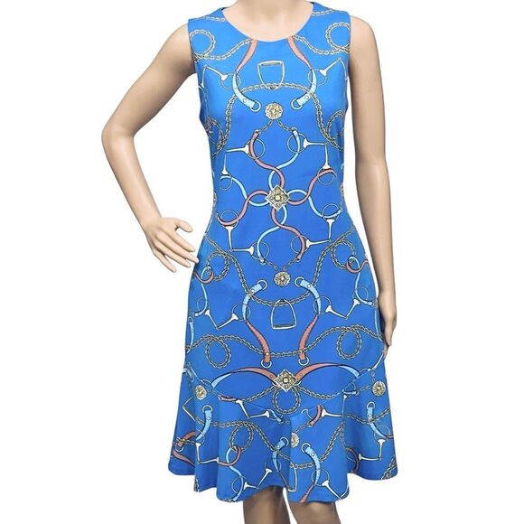 J. McLaughlin Carmen Dress Blue Orange Equestrian Print Bottom/Flare Zip/back M - Picture 1 of 13